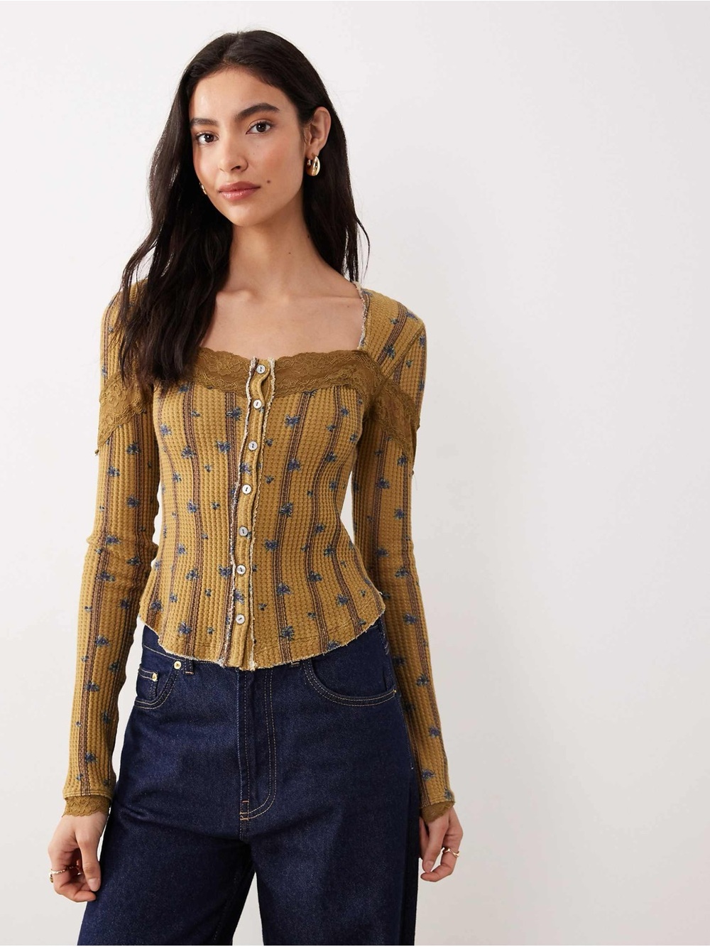 Free People Let’s Party cardi top Olive Green Floral Ribbed Button-Front